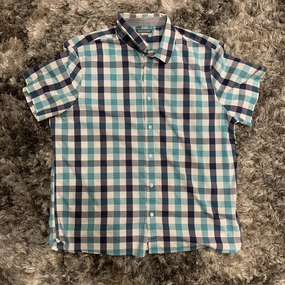 Savane Mens XXL Stretch short Sleeve Button Up Dress Shirt Black White Check - Picture 1 of 3